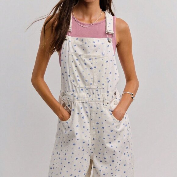 Multicolor Casual Women's ditsy Floral Print Wide-Leg Denim Overalls jumpsuit - Picture 4 of 8